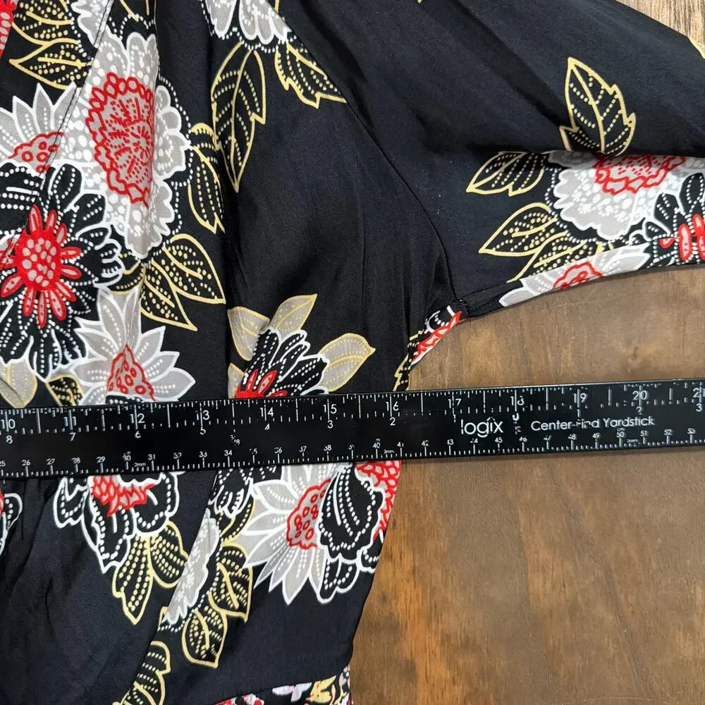 Free People Womens Blouse Black Floral Henley 'Run Free' Long Puff Sleeve Medium